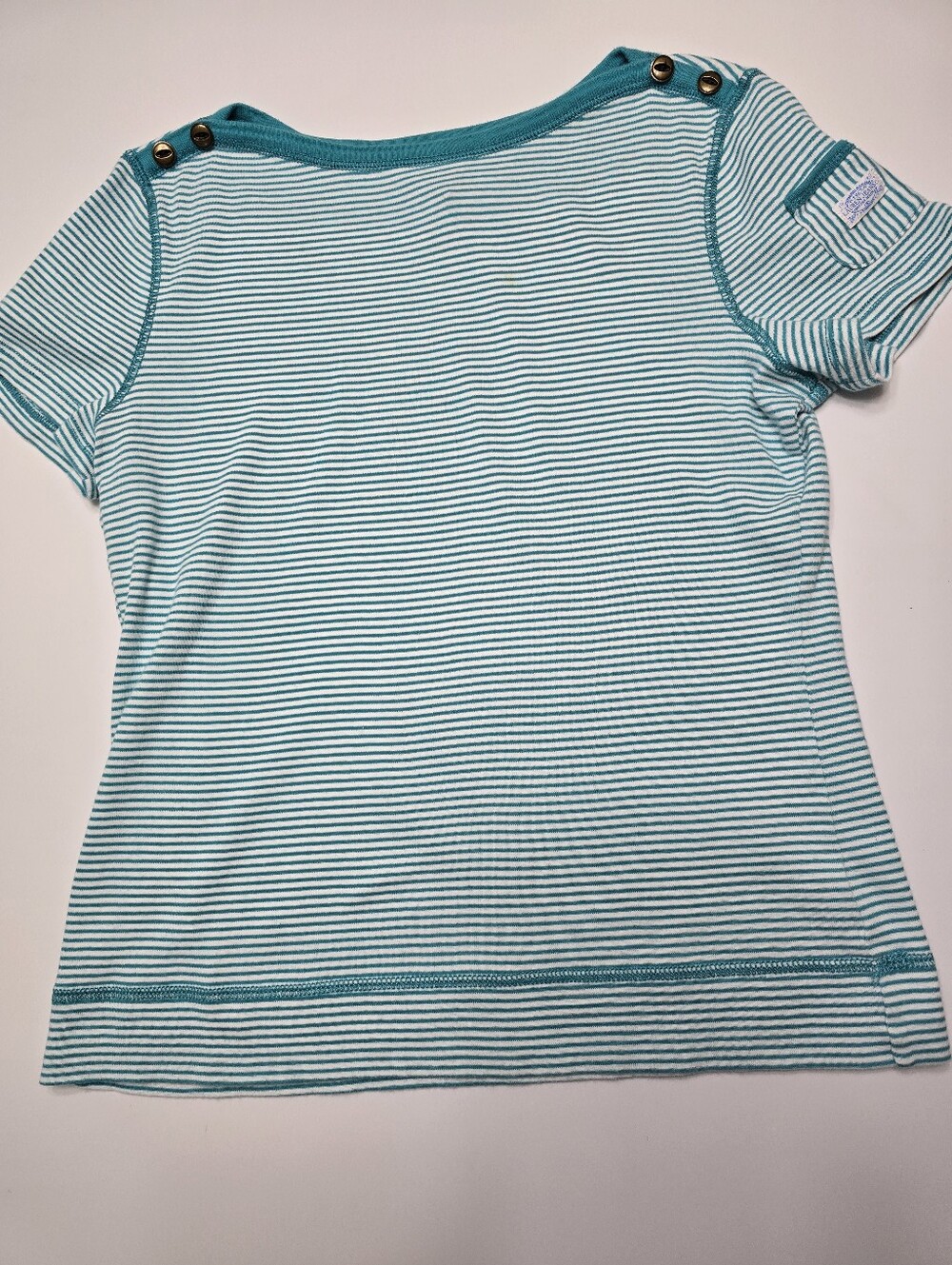 Ralph Lauren Striped Teal & White Short Sleeve Tee with Button Shoulder